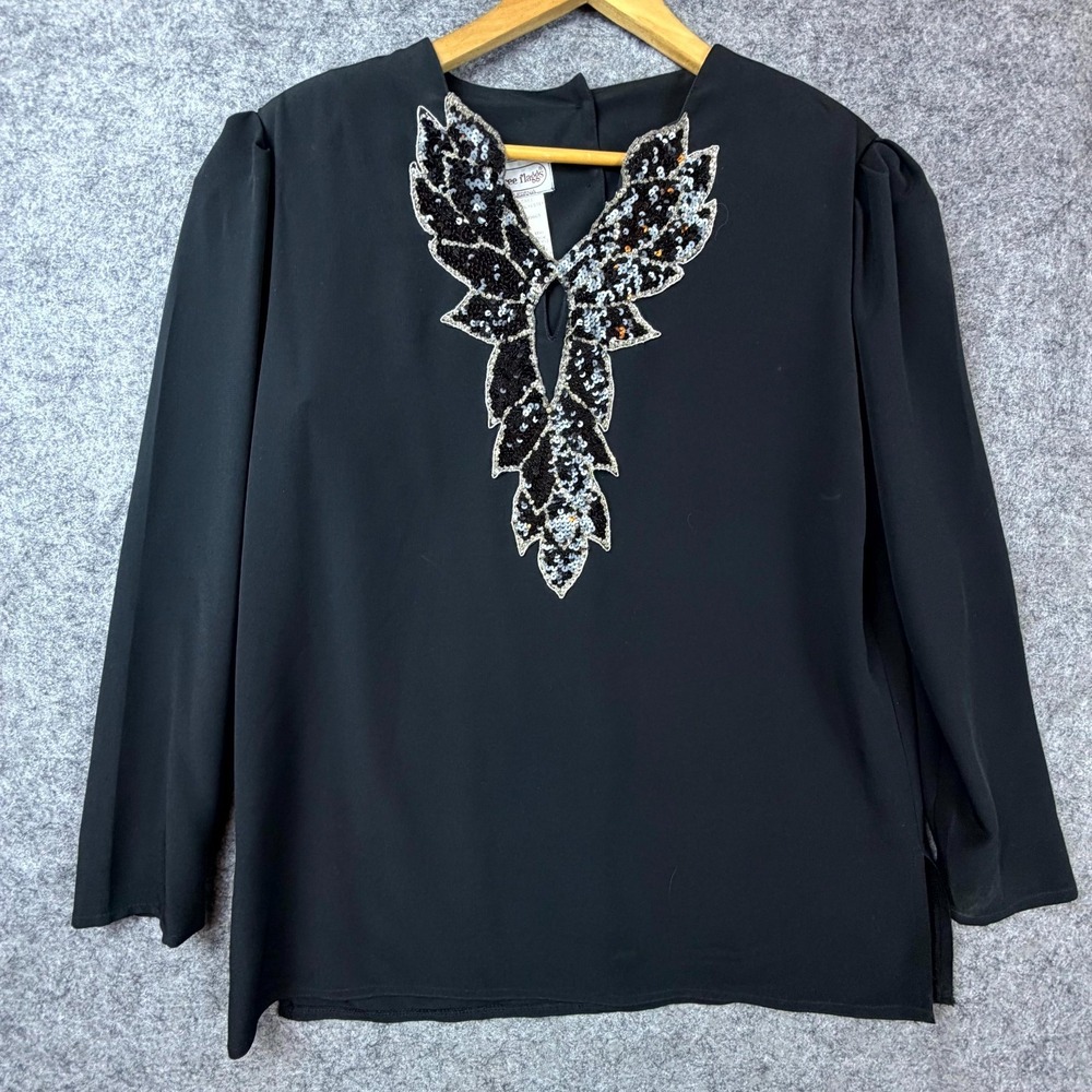 Vintage Three Flaggs Blouse Womens 12 Black Beaded Neck Artsy Dark Office Formal